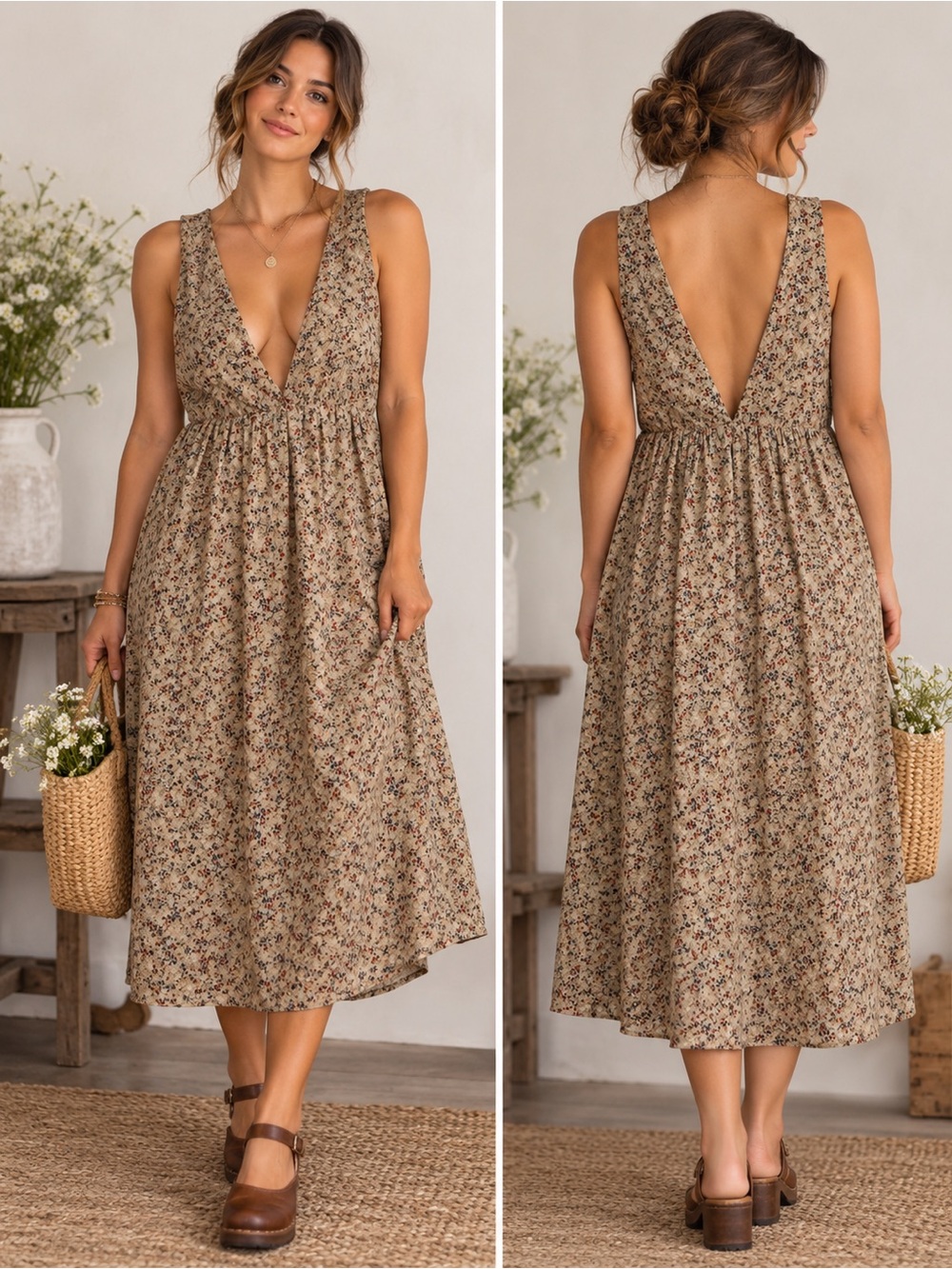 Polagram Deep V Tan Floral Cottagecore Earthy Midi Dress medium